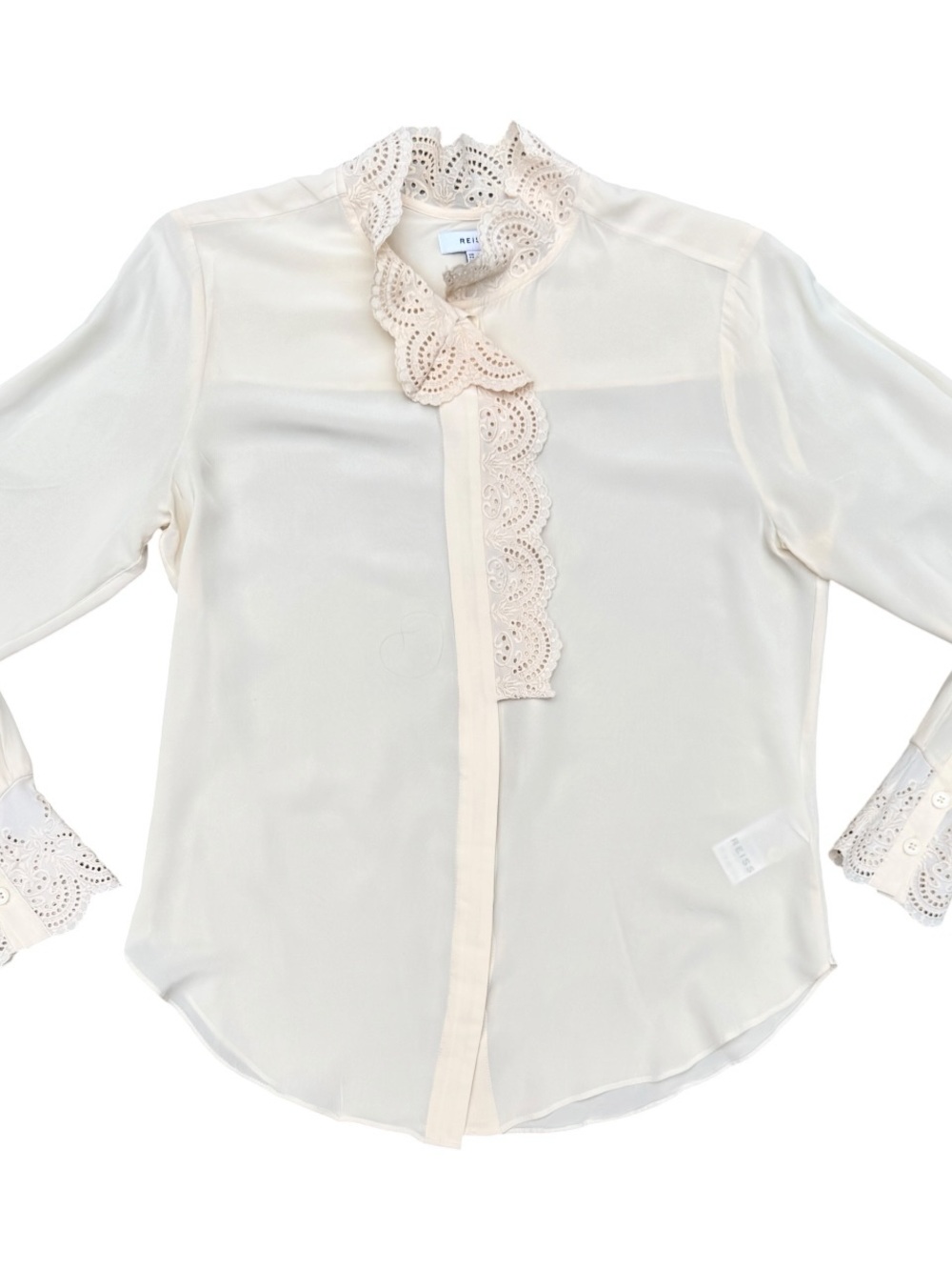 Reiss Jules Ruffle Trim Satin Blouse Ivory Cream Long Sleeve US 4 NWOT